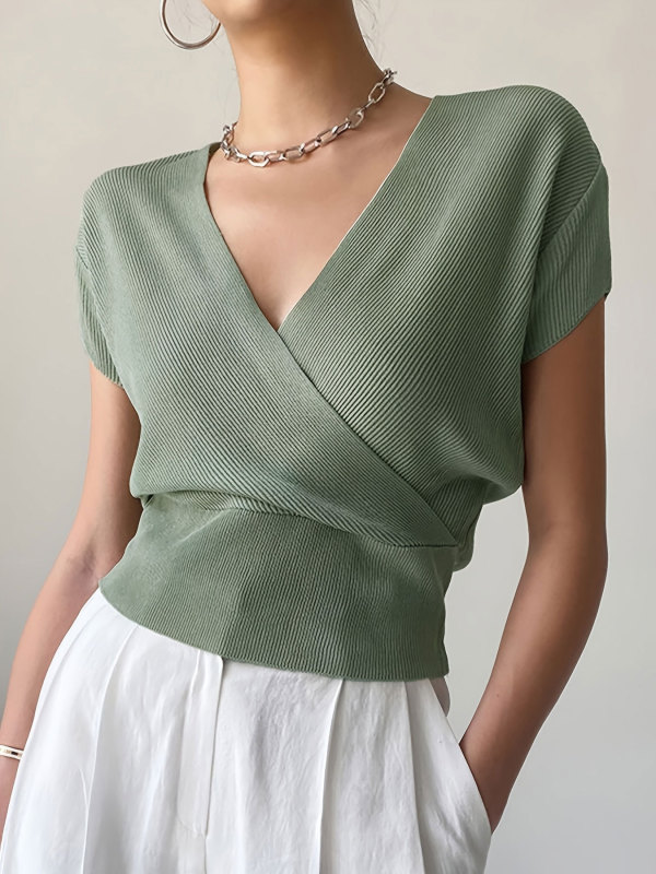 ✨Work & Casual V Neck Short Sleeve Ice Silk Knitted Top🌿