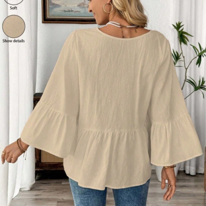 ✨Daily & Commute Solid Color V-Neck Ruffle Sleeve White Cotton Blouse🌷