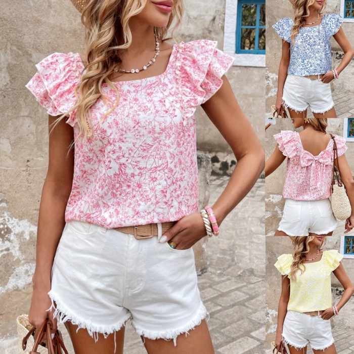 ✨Daily & Street Butterfly Printed Layered Ruffle Short Sleeve Top🦋