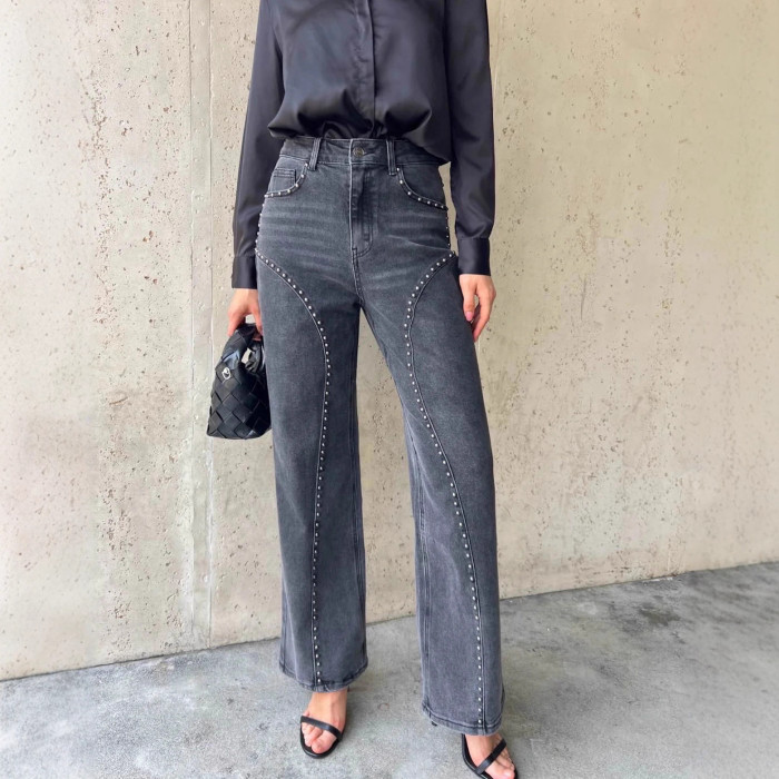 ✨Club & Party Vintage High Waist Studded Denim Straight Pants🖤