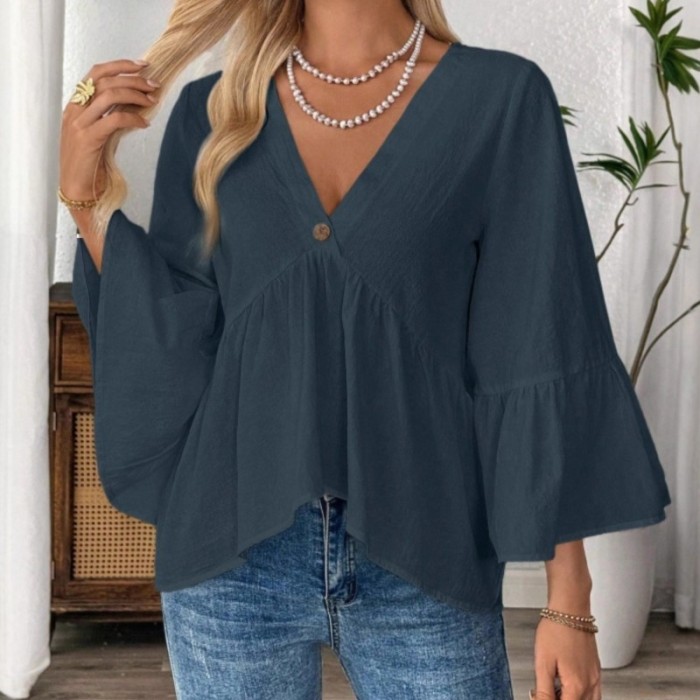 ✨Daily & Commute Solid Color V-Neck Ruffle Sleeve White Cotton Blouse🌷