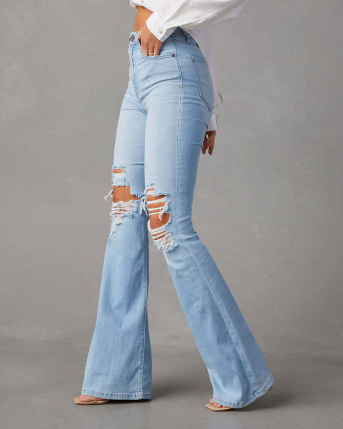 ✨Daily & Street High Waist Hole Button Flare Blue Jeans🌿