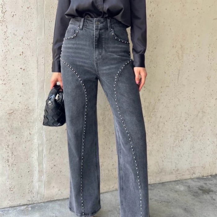✨Club & Party Vintage High Waist Studded Denim Straight Pants🖤