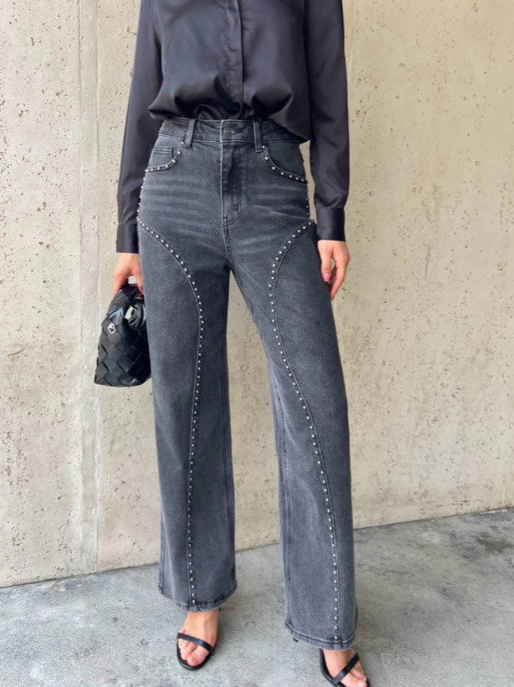 ✨Club & Party Vintage High Waist Studded Denim Straight Pants🖤