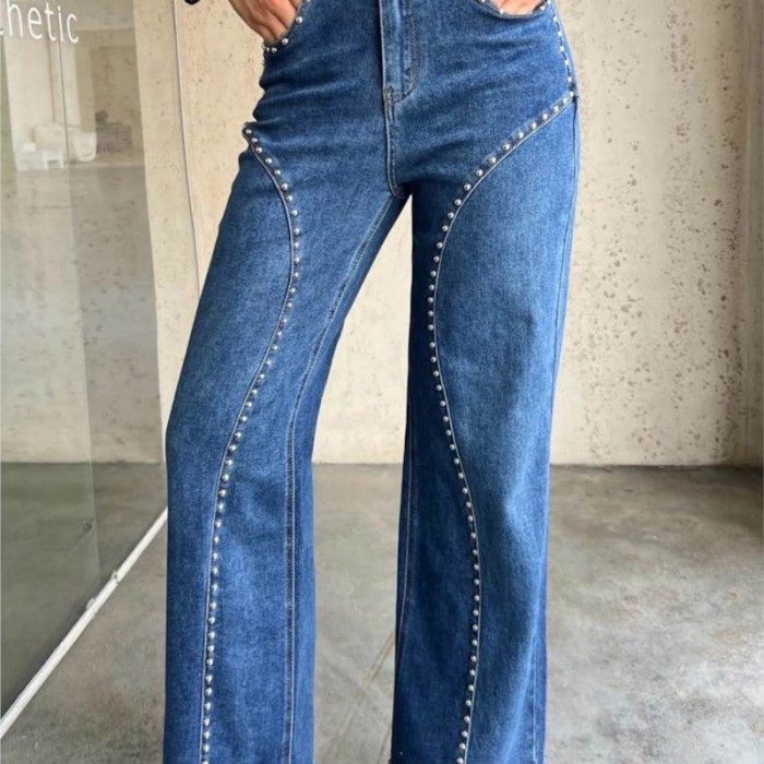 ✨Club & Party Vintage High Waist Studded Denim Straight Pants🖤