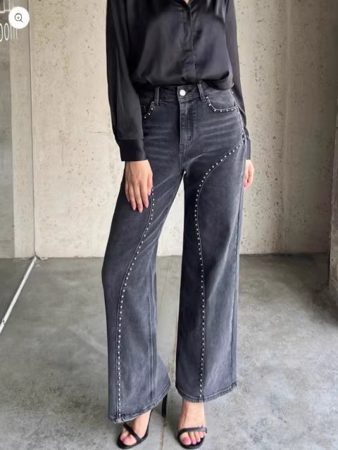 ✨Club & Party Vintage High Waist Studded Denim Straight Pants🖤