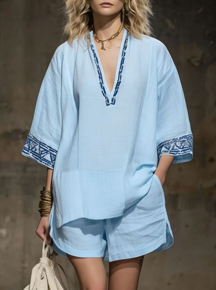 ✨Bohemian & Daily Embroidered Cotton Linen Shirt & Shorts Set🌿