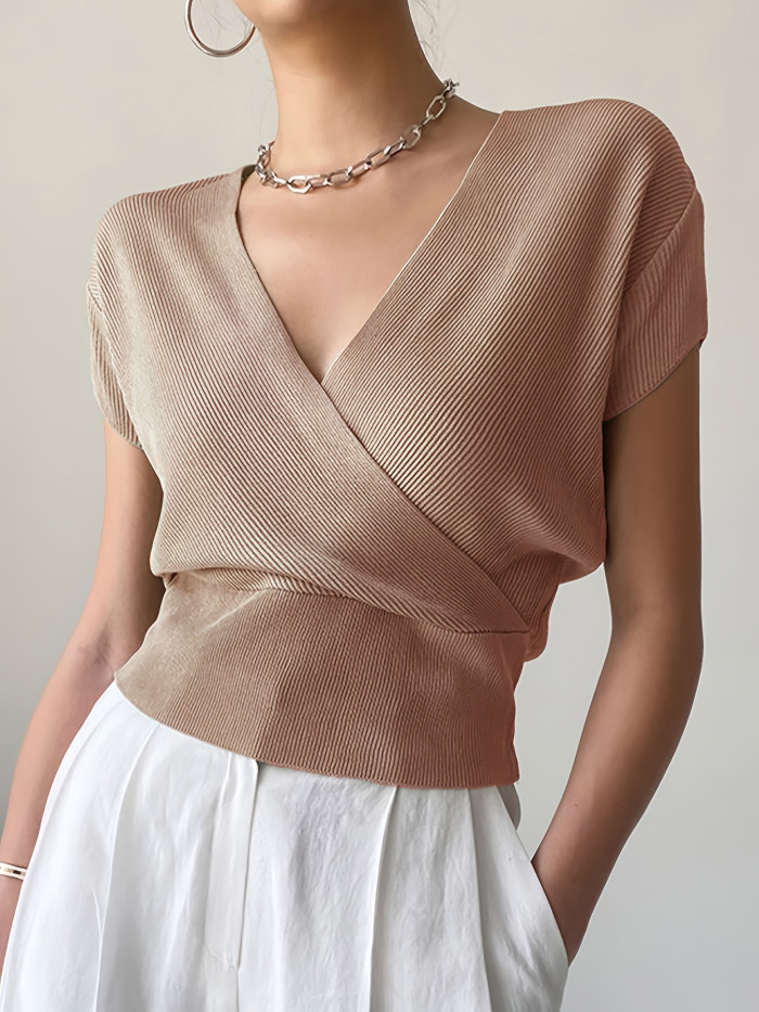 ✨Work & Casual V Neck Short Sleeve Ice Silk Knitted Top🌿