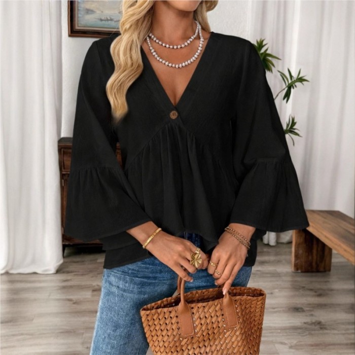 ✨Daily & Commute Solid Color V-Neck Ruffle Sleeve White Cotton Blouse🌷