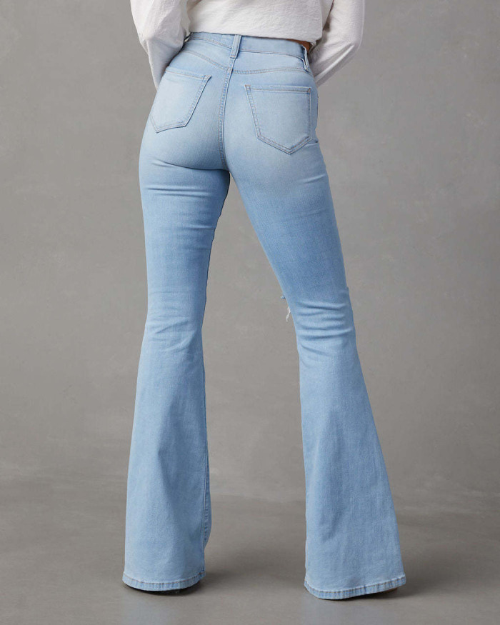 ✨Daily & Street High Waist Hole Button Flare Blue Jeans🌿
