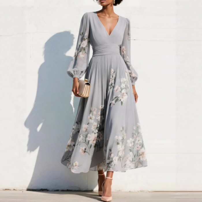 ✨Holiday & Party V-Neck Print Long Sleeve Big Swing Maxi Dress🌸