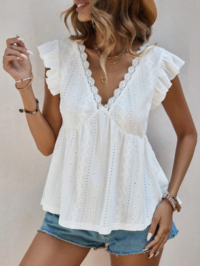 ✨Beach & Daily Deep V-Neck Hollow Out Ruffles White Short Sleeve Top🌊