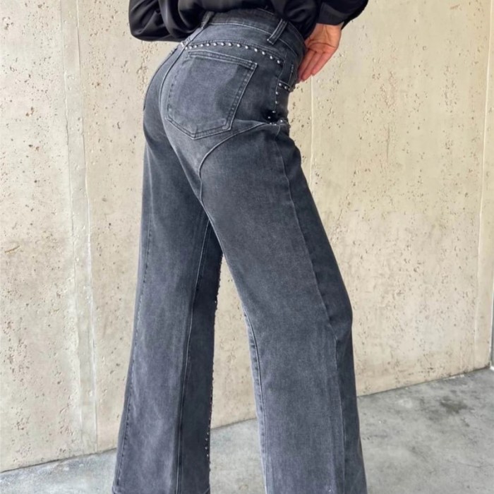 ✨Club & Party Vintage High Waist Studded Denim Straight Pants🖤