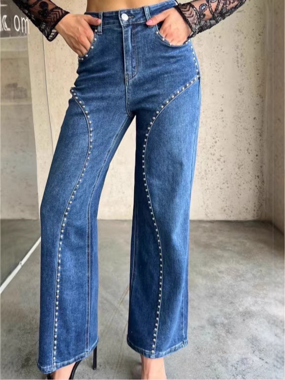 ✨Club & Party Vintage High Waist Studded Denim Straight Pants🖤