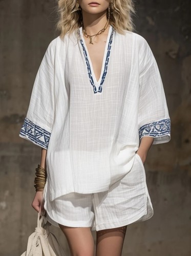 ✨Bohemian & Daily Embroidered Cotton Linen Shirt & Shorts Set🌿