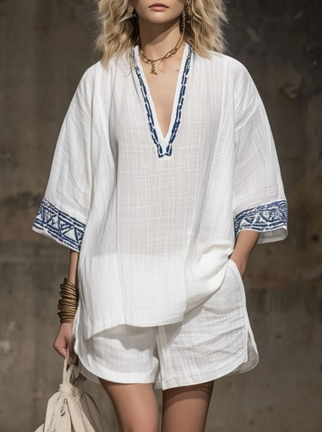 ✨Bohemian & Daily Embroidered Cotton Linen Shirt & Shorts Set🌿