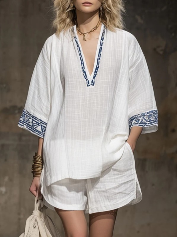 ✨Bohemian & Daily Embroidered Cotton Linen Shirt & Shorts Set🌿