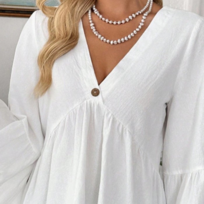 ✨Daily & Commute Solid Color V-Neck Ruffle Sleeve White Cotton Blouse🌷