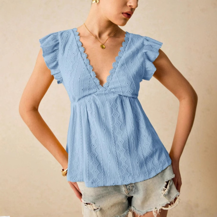 ✨Beach & Daily Deep V-Neck Hollow Out Ruffles White Short Sleeve Top🌊