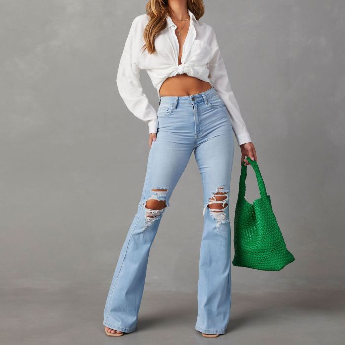 ✨Daily & Street High Waist Hole Button Flare Blue Jeans🌿