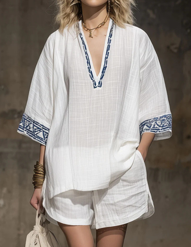 ✨Bohemian & Daily Embroidered Cotton Linen Shirt & Shorts Set🌿