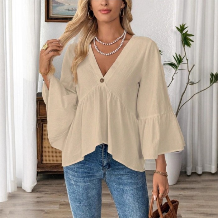 ✨Daily & Commute Solid Color V-Neck Ruffle Sleeve White Cotton Blouse🌷