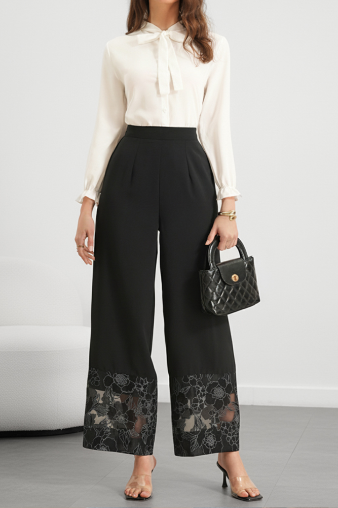 ✨Daily & Vacation Solid Color Perspective Lace Patchwork Wide Leg Pants🌷