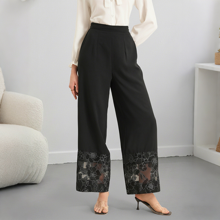 ✨Daily & Vacation Solid Color Perspective Lace Patchwork Wide Leg Pants🌷