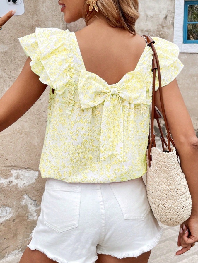 ✨Daily & Street Butterfly Printed Layered Ruffle Short Sleeve Top🦋