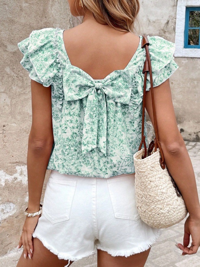 ✨Daily & Street Butterfly Printed Layered Ruffle Short Sleeve Top🦋