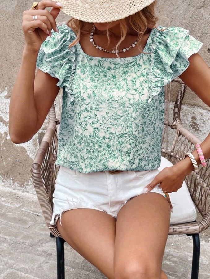 ✨Daily & Street Butterfly Printed Layered Ruffle Short Sleeve Top🦋