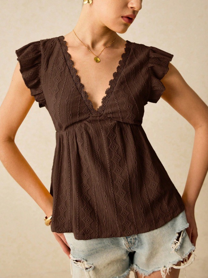 ✨Beach & Daily Deep V-Neck Hollow Out Ruffles White Short Sleeve Top🌊