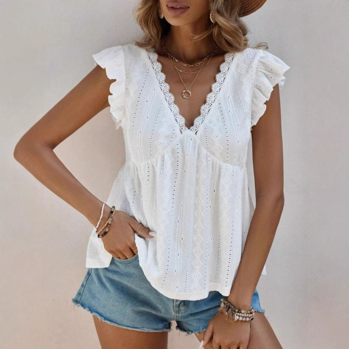 ✨Beach & Daily Deep V-Neck Hollow Out Ruffles White Short Sleeve Top🌊