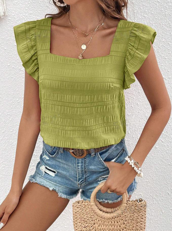 ✨Daily & Commute Solid Color Ruffles Sleeve Loose Women's T-Shirt🌷