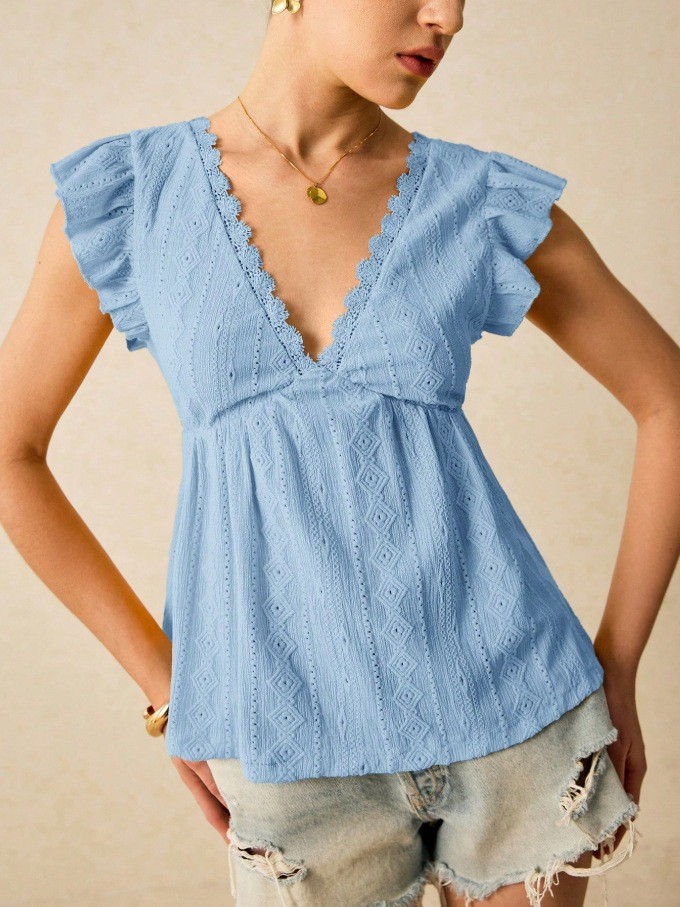 ✨Beach & Daily Deep V-Neck Hollow Out Ruffles White Short Sleeve Top🌊