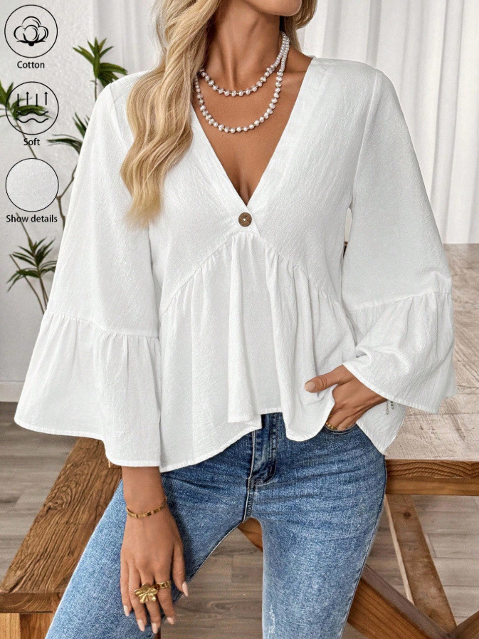 ✨Daily & Commute Solid Color V-Neck Ruffle Sleeve White Cotton Blouse🌷