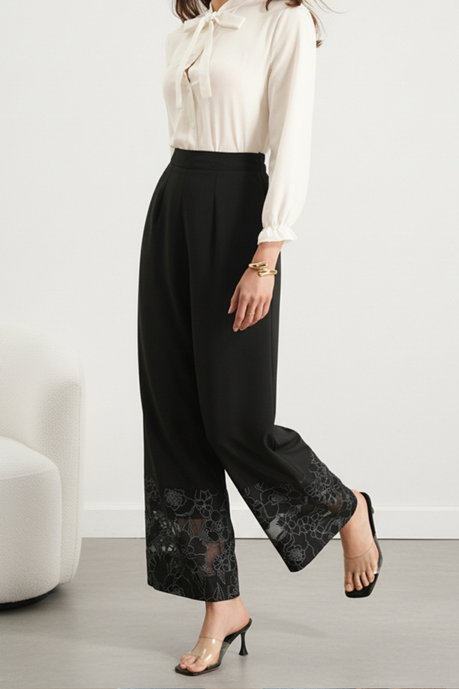 ✨Daily & Vacation Solid Color Perspective Lace Patchwork Wide Leg Pants🌷