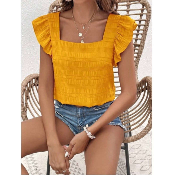 ✨Daily & Commute Solid Color Ruffles Sleeve Loose Women's T-Shirt🌷