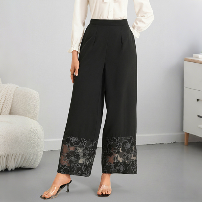 ✨Daily & Vacation Solid Color Perspective Lace Patchwork Wide Leg Pants🌷