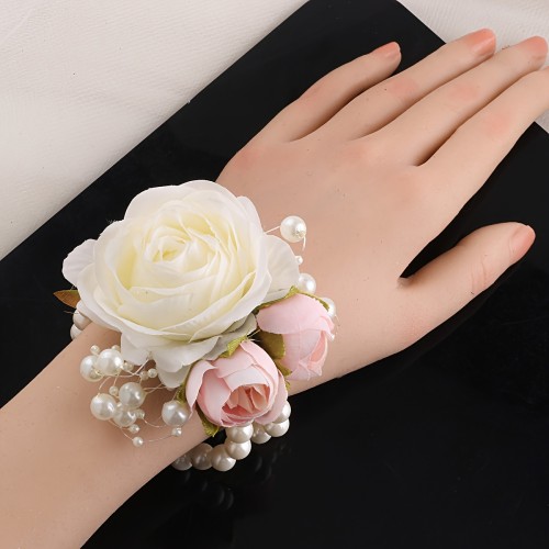 1pc Faux Pink Rose Nude Bride Bridesmaid Elastic Pearl Wrist Flower Wedding Accessory Multicolor SW102