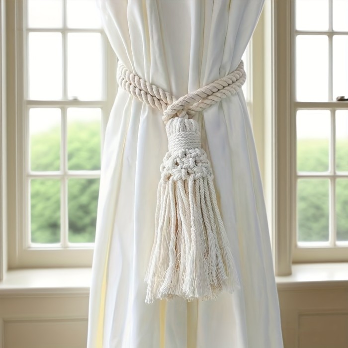 1\u002F2pcs Bohemian Style Curtain Tieback Rope, Handwoven Fringe Curtain Tiebacks, Curtain Decorative Pendants, Curtain Tie Clips, Vintage Window Accessory Hanging Rope, No Installation Needed, Durable and Easy to Clean, Suitable for Home Bedroom Living