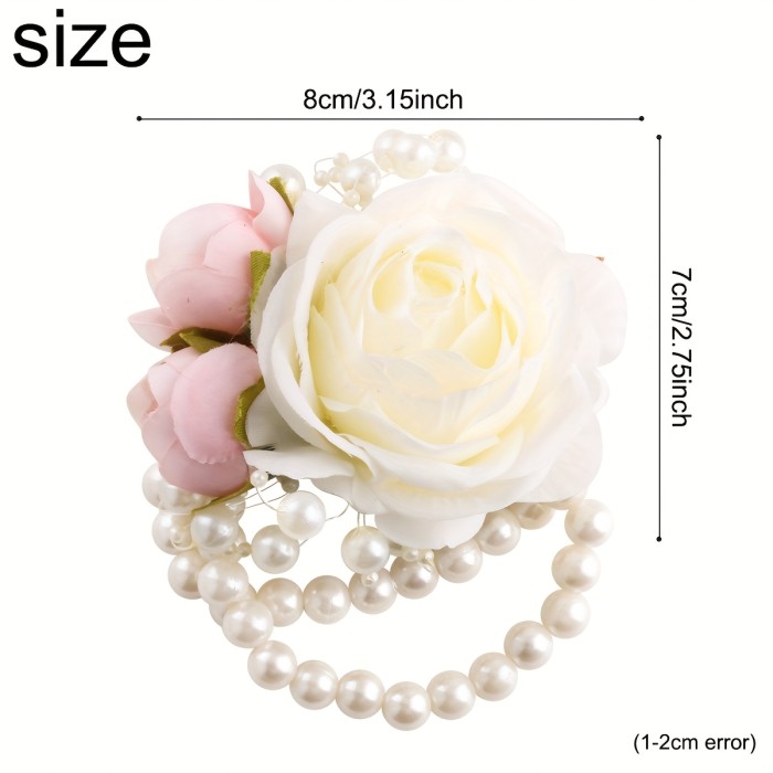 1pc Faux Pink Rose Nude Bride Bridesmaid Elastic Pearl Wrist Flower Wedding Accessory Multicolor SW102
