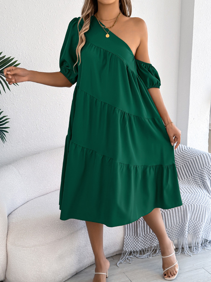 ✨Commute & Holiday Sloping Collar Short Sleeve Ruffled Loose Dress🌸