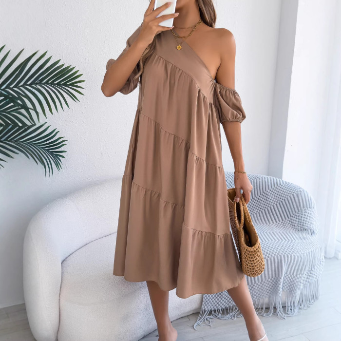 ✨Commute & Holiday Sloping Collar Short Sleeve Ruffled Loose Dress🌸