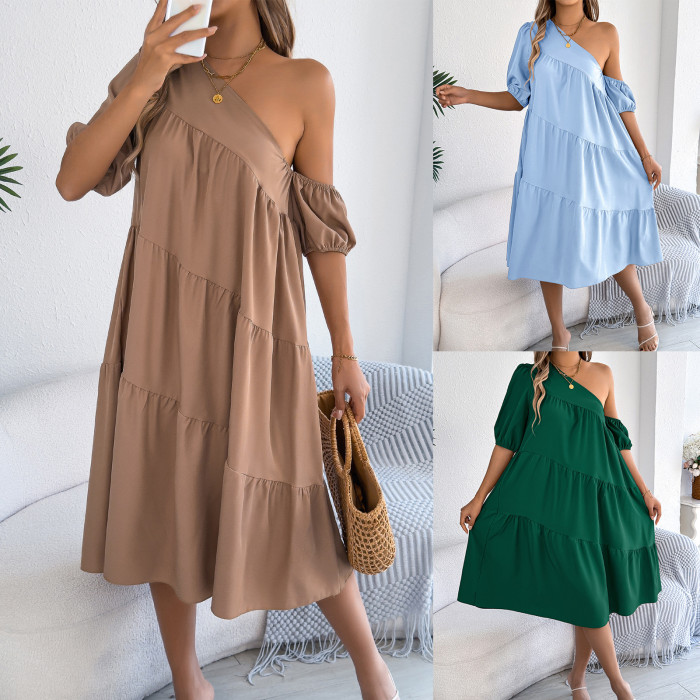✨Commute & Holiday Sloping Collar Short Sleeve Ruffled Loose Dress🌸