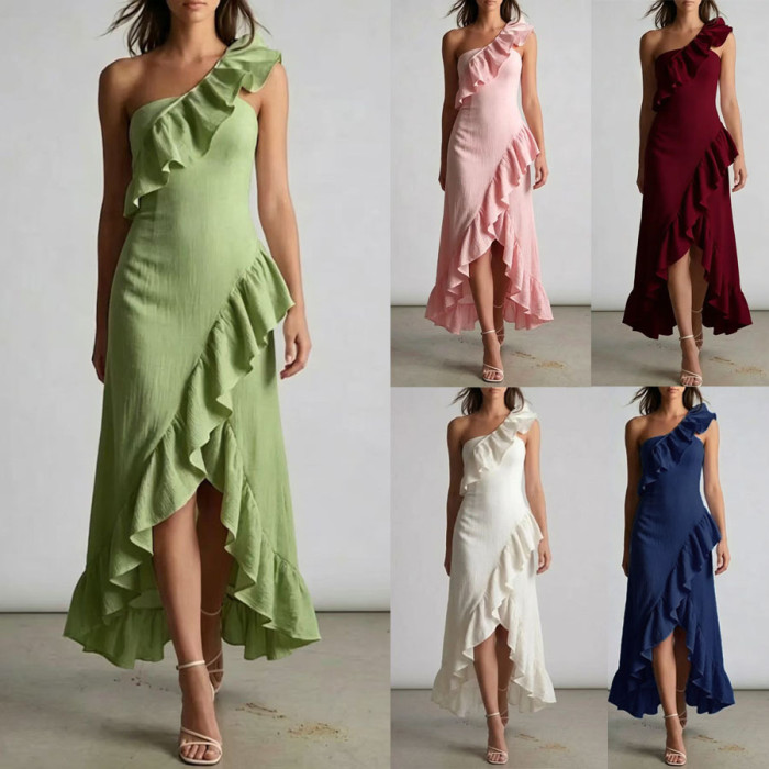 ✨Party & Daily Slant Neck Off Shoulder Ruffle Pleated Elegant Dress💃