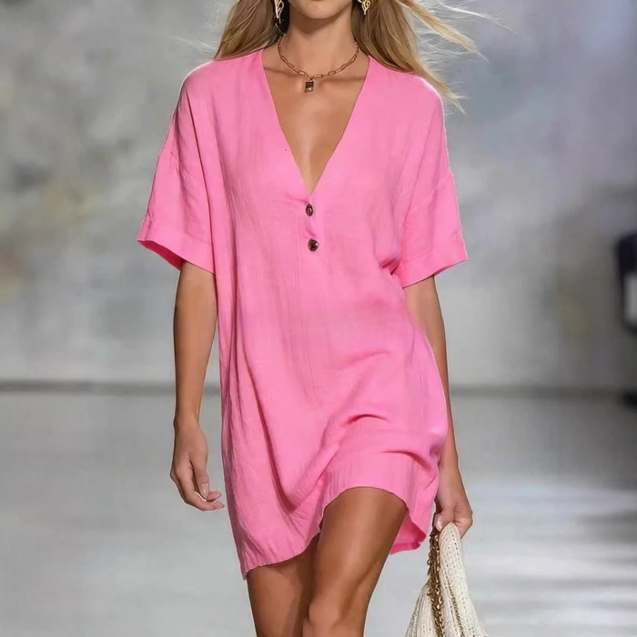 ✨Office & Daily V-Neck Single Breasted Button Loose Mini Dress🌼