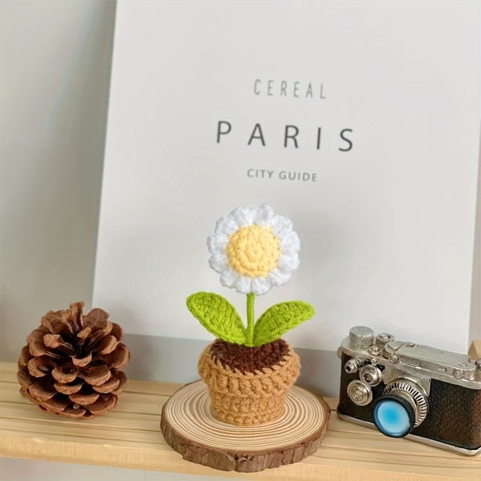 1pc Hand-Knitted Artificial Simulation Potted Plant, Crocheted Yarn Artificial Flower Decoration, Suitable for Mother's Day, Anniversaries, Birthdays, Valentine's Day Gifts, and as a Home or Office Desk Decoration for Mom, Friends, or Girlfriend
