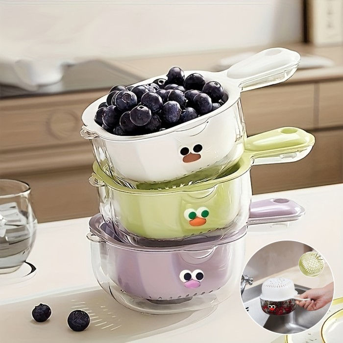 2pcs Duck-bill Dopamine Cute Handle Drain Basket Water Filter Double 2-in-1 Thickened Washing Basket Wash Fruit Household