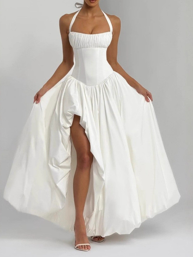✨Cocktail & Dating Halter Neck Ruched Bust Bubble Hem Maxi Dress💖